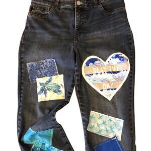 Boho Hippie Patchwork Jeans, Upcycled Handmade Slay the Day Patch Pants, Size 6